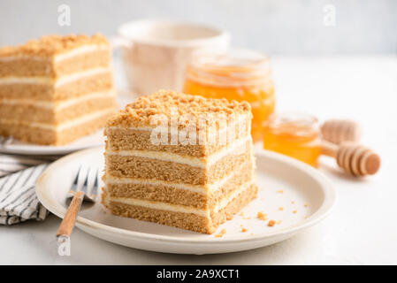 Schicht Honig Kuchen mit Gebäck Sahne Füllung auf weiße Platte. Detailansicht. Medovik Stockfoto