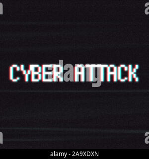 Cyber Attack Inschrift in Pixel Stil über dunklen Hintergrund Stockfoto