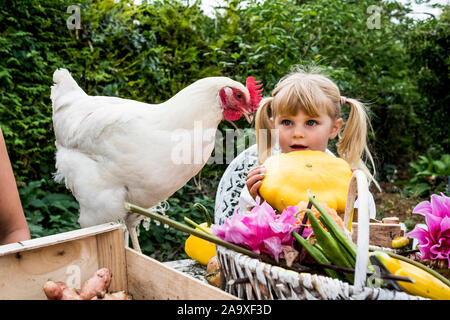 Blonde Mädchen mit gelben Kürbis und weißen Huhn in einem Garten. Stockfoto