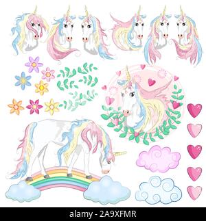 Set mit Einhörner, Blumen, Blätter, Herzen, Regenbogen und andere Elemente für Mädchen Stock Vektor