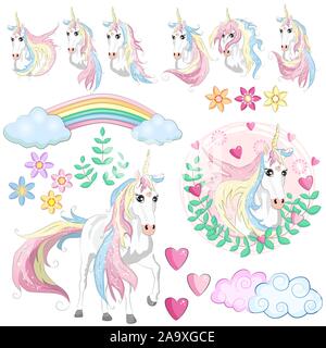 Set mit Einhörner, Blumen, Blätter, Herzen, Regenbogen und andere Elemente für Mädchen Stock Vektor