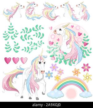 Set mit Einhörner, Blumen, Blätter, Herzen, Regenbogen und andere Elemente für Mädchen Stock Vektor