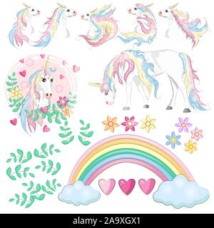 Set mit Einhörner, Blumen, Blätter, Herzen, Regenbogen und andere Elemente für Mädchen Stock Vektor