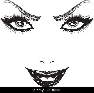 Lächelnde Frau Gesicht, Augen mit langen Wimpern, schwarz und weiß Abbildung. Stock Vektor