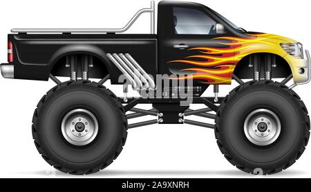 Schwarze Monster Truck mit Feuer Streifen von der Seite. Alle Elemente der Gruppen auf separaten Ebenen Stock Vektor