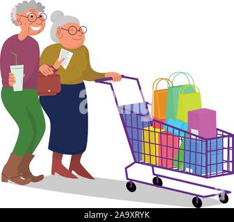 Kaukasische ältere Rentnerehepaar mit Warenkorb voller Einkäufe. Flat Style lieferbar Vector Illustration, auf weißem Hintergrund Stock Vektor