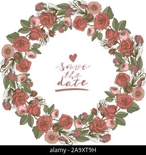 Hand gezeichnet Doodle rustikales Blumen Kranz. Boho Hochzeit Dekoration. Datum speichern Schriftzug. Auf weissem Hintergrund. Vektor Stock Vektor