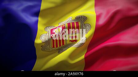 Flagge des Fürstentums Andorra. Echten Gewebe. Stockfoto