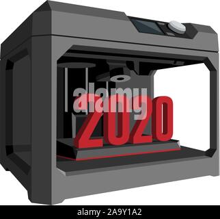 3D-Drucker, der mit einem gedruckten Text "2020" isoliert auf Weiss. Vector Illustration Stock Vektor