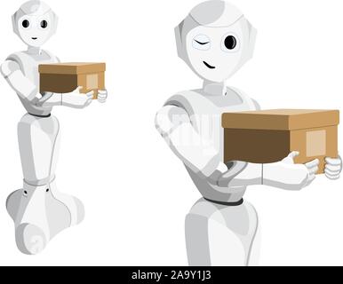 Roboter mit einem Kasten. Automatisierte Lieferservice. Vector Illustration Stock Vektor