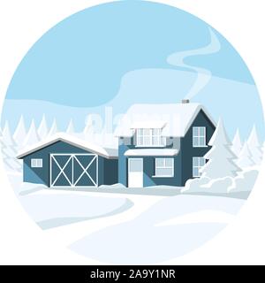 Holz- Haus in einem verschneiten Wald. Winter Wonderland. Vektor banner Vorlage. Stock Vektor