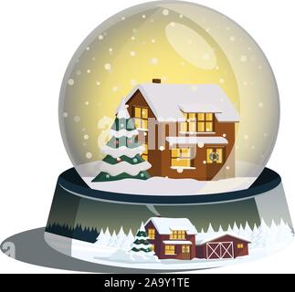 Schneekugel. Magic Christmas Ball Glaskugel mit Spielzeug Haus. Vector Illustration Stock Vektor