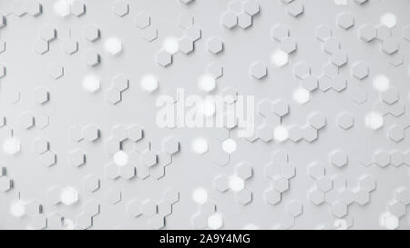 Weiße geometrische sechseckige Abstrakt Hintergrund. Oberfläche polygon Muster mit glühenden Sechsecke, Honigwabe. Abstrakte weißen selbstleuchtende Sechsecke Stockfoto