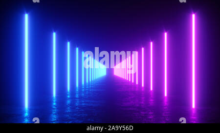 3D-Render Abbildung: Glühende vertikale Linien, Neonlampen, abstrakte vintage Hintergrund, ultraviolette Spektrum lebendiger Farben, Lasershow Stockfoto
