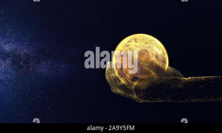 3D-Darstellung der leuchtende Hand goldene Erde. Ökologie Probleme und Erde Pflege Stockfoto