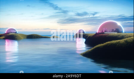 Illustration der abstrakten gekapselt futuristische Städte, auf der Erde oder auf neuen bewohnbaren Planeten mit Leben und Wasser, auf der Insel, die Isolation von menschlichen pollut Stockfoto