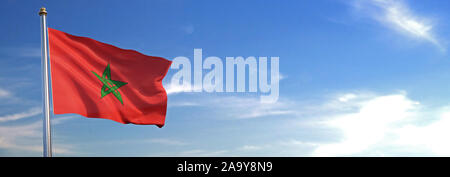 Flagge von Moroccorise winken in den Wind mit Himmel im Hintergrund Stockfoto