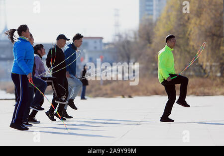 (191118) - Peking, November 18, 2019 (Xinhua) - Hou Weidong (1. R) Menschen an einem Platz in Jilin Stadt beauftragt, im Nordosten Chinas in der Provinz Jilin, November 5, 2019. Hou Weidong, 41 Jahre alt, ist eine nationale Trainer, der auf Seil springen Fähigkeiten spezialisiert hat. Mittlerweile ist er auch ein professioneller Athlet von Seil springen. Im Anfang, Seil springen war nur seinen täglichen Fitnessprogramm im Park. Nach und nach seine erstaunliche Leistung zog viele Menschen von Ihm zu lernen, damit er auf coaching Straße begonnen. Im Jahr 2014 haben er und seine Studenten begannen, nationalen Seilspringen Wettbewerben teilnehmen und erhielt gute Sc Stockfoto