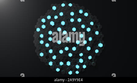 Schwarze geometrische sechseckige Abstrakt Hintergrund. Oberfläche polygon Muster mit blau leuchtende Sechsecke, Honigwabe. Abstrakt Blau selbstleuchtende Sechsecke Stockfoto