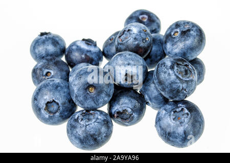 Ein Haufen von frischen Heidelbeeren isoliert auf weißem Hintergrund. Frische Blaubeeren Stockfoto