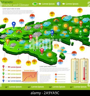 Flache Bauweise Infografiken mit Wettervorhersage Bericht und Symbole auf Erope und Afrika Karte Stock Vektor