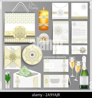 White Wedding corporate identity Vorlage. Business Mock-up mit grünem Arabischen Kreis Muster logo Stock Vektor