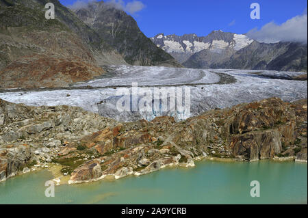 Grosser Aletschgletscher, das Herz des UNESCO Weltnaturerbes Jungfrau-Aletsch-Bietschhorn, Goms, Wallis, Schweiz, Europa Stockfoto