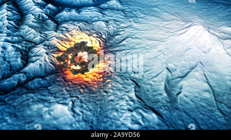 Satellitenansicht von Land, Kriegshandlungen, Sci-Fi, Nachtsicht mit blauen Farbtönen. Militärisches Ziel. Drohne fliegt über ein Gebiet. Militäroperation. Explosion Stockfoto