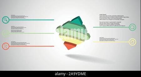 3D-Illustration Infografik Vorlage. Die geprägte verbogen Raute ist horizontal zu fünf Farben aufgeteilt. Objekt ist schief auf Grau Weiß zurück angeordnet Stock Vektor