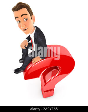 3d-Geschäftsmann saß oben auf der Fragezeichen, Illustration mit isolierten weißen Hintergrund Stockfoto