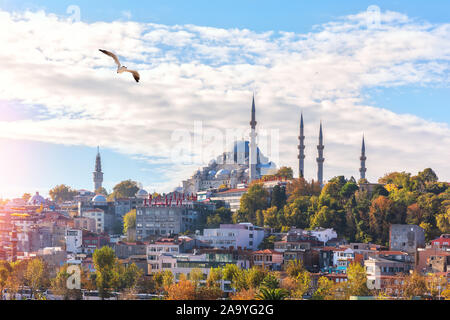 Süleymaniye Moschee auf dem Hügel von Istanbul, Blick von der Eminonu Pier Stockfoto