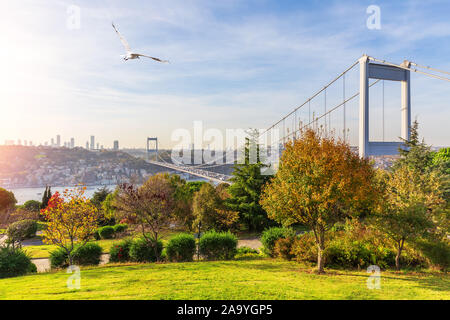 Fatih Sultan Brücke über den Bosporus in Istanbul, Blick von der Otagtepe Park Stockfoto