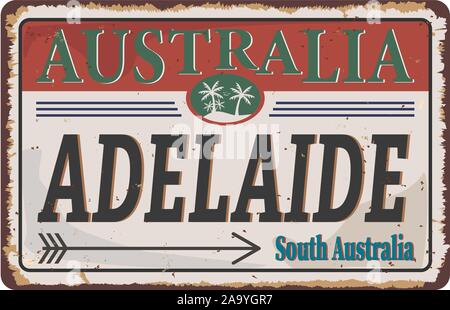 Adelaide Australien Reisen rostiges Metall unterzeichnen. Symbol palm Design. Dichtung Tourismus. Stock Vektor