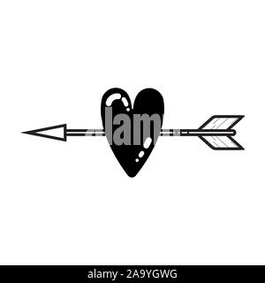 Schwarze und weiße Flat Style Pfeile mit Herz, Gestaltungselemente für Valentinstag und Hochzeit, detaillierte Vector Illustration. Amors Pfeil und Bogen als Stock Vektor