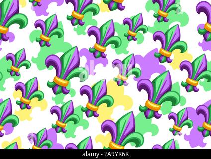 Nahtlose Muster mit Fleur de Lis in Mardi Gras Farben. Stock Vektor
