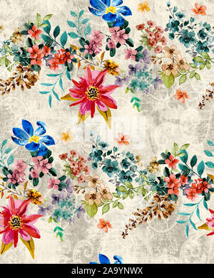 Nahtlose florales Muster mit bunten Blumen und Blätter. Die elegante Vorlage für Mode wird gedruckt. Modernes floral background. Bereit für Textildruck Stockfoto