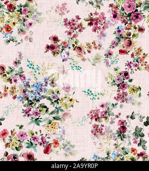 Aquarell nahtlose Muster mit kleinen Blüten. Hand gemalte Aquarell Abbildung auf rosa Hintergrund. Stockfoto