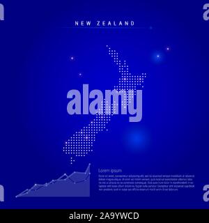 Neuseeland beleuchtete Karte mit leuchtenden Punkte. Infografiken Elemente. Dark Blue Space Hintergrund. Vector Illustration. Wachsende chart, Lorem ipsum Text Stock Vektor