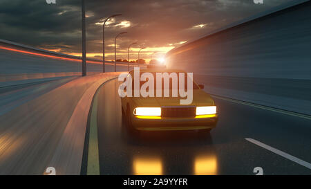 Gelbe Taxis auf der Straße, Autobahn. 3D-Darstellung. Stockfoto