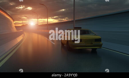 Gelbe Taxis auf der Straße, Autobahn. 3D-Darstellung. Stockfoto