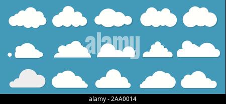 Weißen flachen Wolken Sammlung auf dem blauen Hintergrund. Vektor Stock Vektor