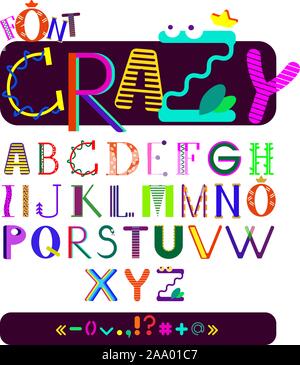 Lustige Kinder Schrift bunt verschiedene Buchstaben. Cartoon crazy Stil Buchstaben und Symbole Stock Vektor