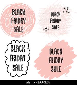 Feminine Black Friday Sales Banner ist Vektor. Handschriftliche Typographie auf Punkte, Kreise, kritzelt in Rosa für Werbemittel, Flyer, Karten. Süße Frauen Stock Vektor