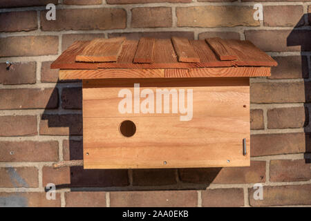 Neue Vogelhaus für die Fütterung der Vögel auf einem Stein an der Wand montiert Stockfoto