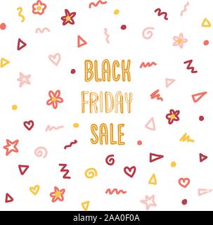 Schwarzer Freitag Doodle Vertrieb Banner ist Vektor. Kinder Hand schriftliche Typografie mit Punkten, Kreisen, Scribbles, Blumen in pink rot orange für Werbezwecke Stock Vektor