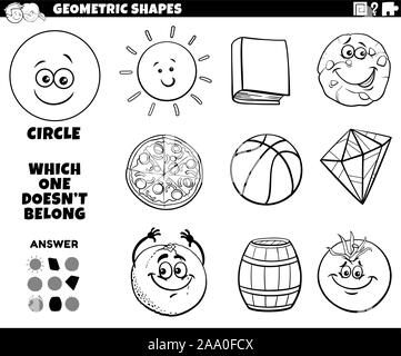 Schwarze und Weiße Cartoon Illustration des Kreises geometrische Form pädagogische Aufgabe für Kinder Malbuch Seite Stock Vektor