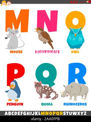 Cartoon Illustration von bunten Alphabet von Buchstaben M bis R mit lustigen Tier Zeichen Stock Vektor