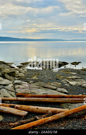 Ein bewölkter morgen Bild eines felsigen Strand an der Küste von Vancouver Island, British Columbia Kanada Stockfoto