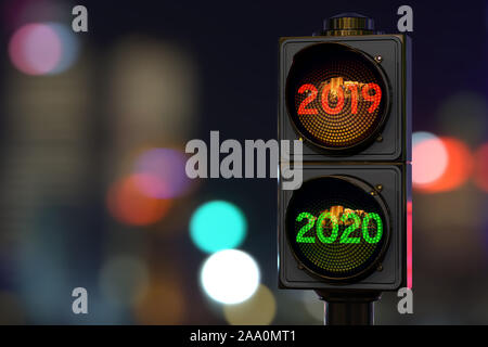 Ampel mit grünem Licht 2020 in der Nacht Stadt, 3D-Rendering Stockfoto