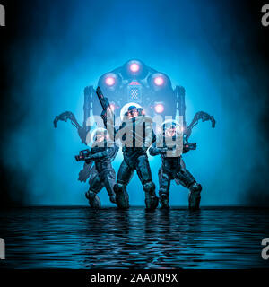 Suche Partei augmented-/3D-Darstellung der science fiction Szene mit heroischen Space Marine Astronauten mit Roboter in dunklen wässrige Umgebung Stockfoto